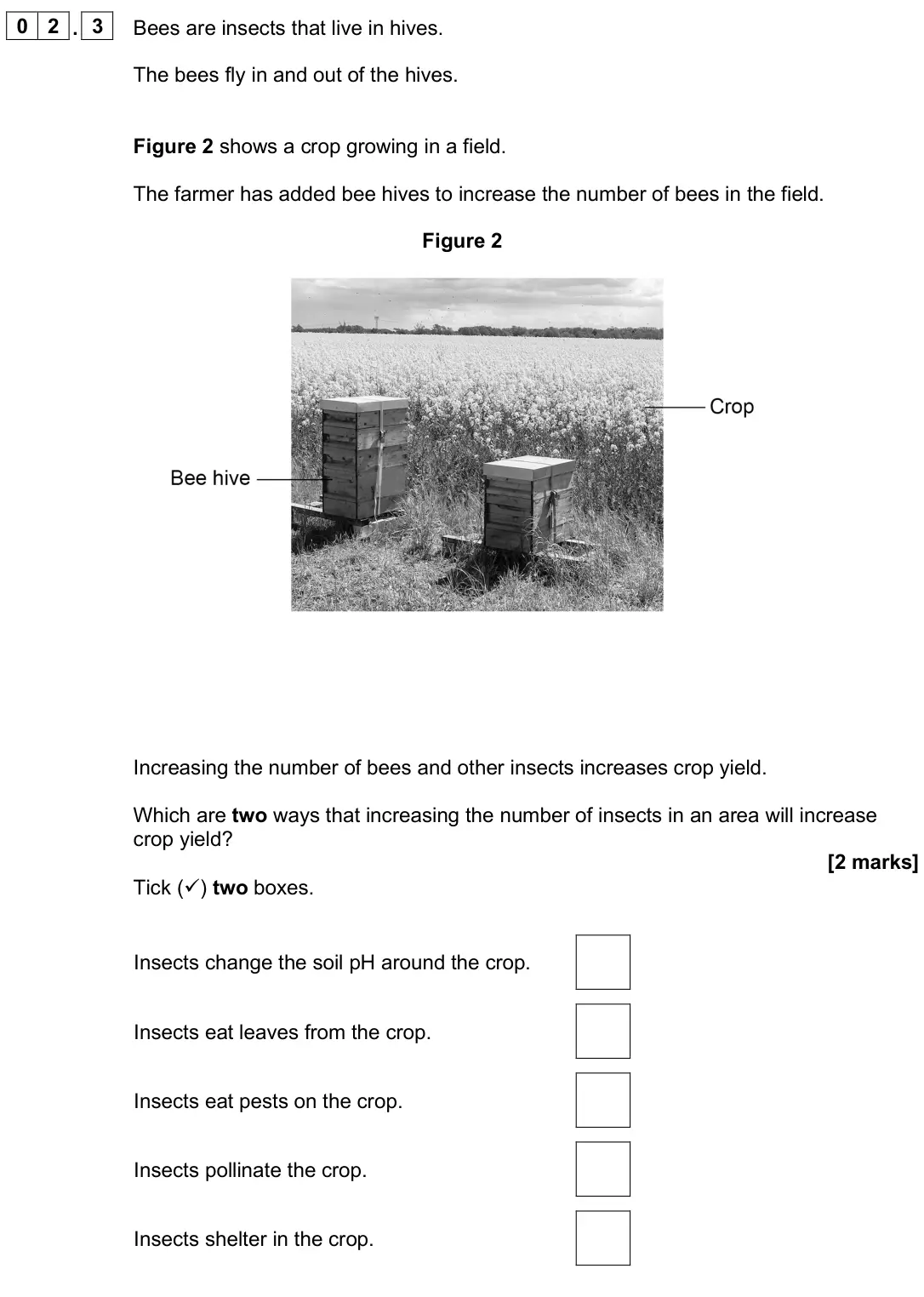 June 2025 Biology Paper 2 Foundation, question 02.3: Bees are insects that live in hives. The bees fly in and out of the hives. Figure 2 shows a crop growing in a field. The farmer has added bee hives to increase 
