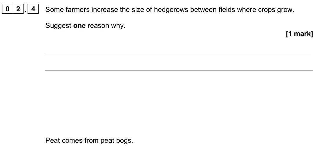 June 2025 Biology Paper 2 Foundation, question 02.4: Some farmers increase the size of hedgerows between fields where crops grow. Suggest one reason why. [1 mark] Peat comes from peat bogs.