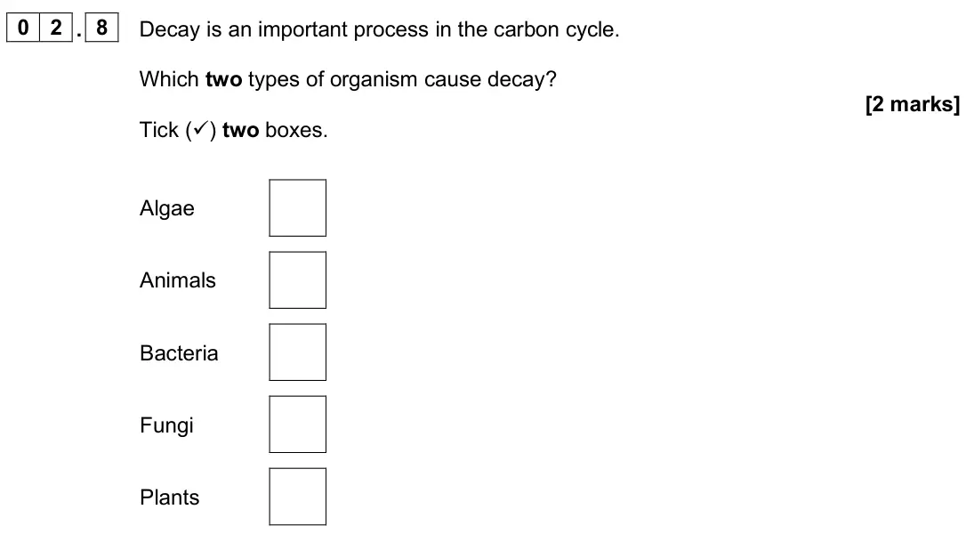June 2025 Biology Paper 2 Foundation, question 02.8: Decay is an important process in the carbon cycle. Which two types of organism cause decay? [2 marks] Tick () two boxes. Algae Animals Bacteria Fungi Plants