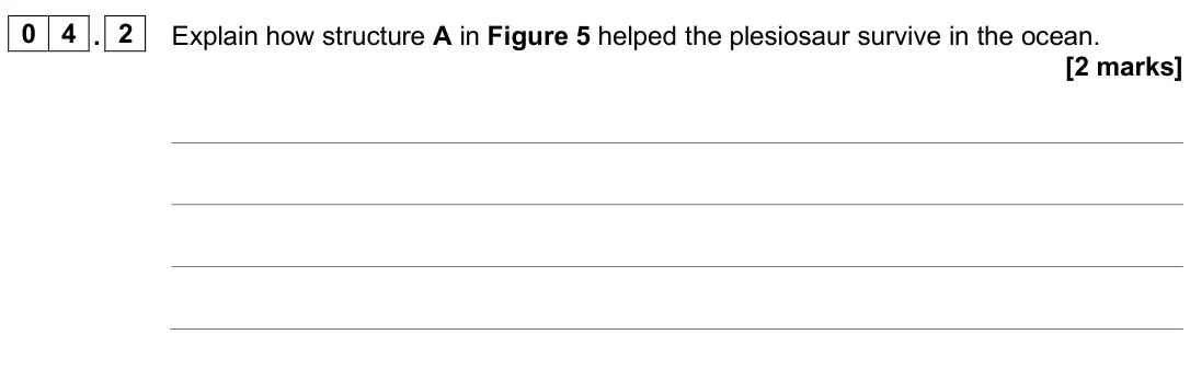 June 2025 Biology Paper 2 Foundation, question 04.2: Explain how structure A in Figure 5 helped the plesiosaur survive in the ocean. [2 marks]