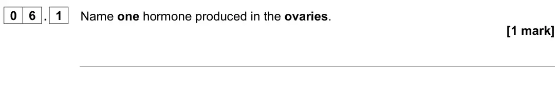 June 2025 Biology Paper 2 Foundation, question 06.1: Name one hormone produced in the ovaries. [1 mark]