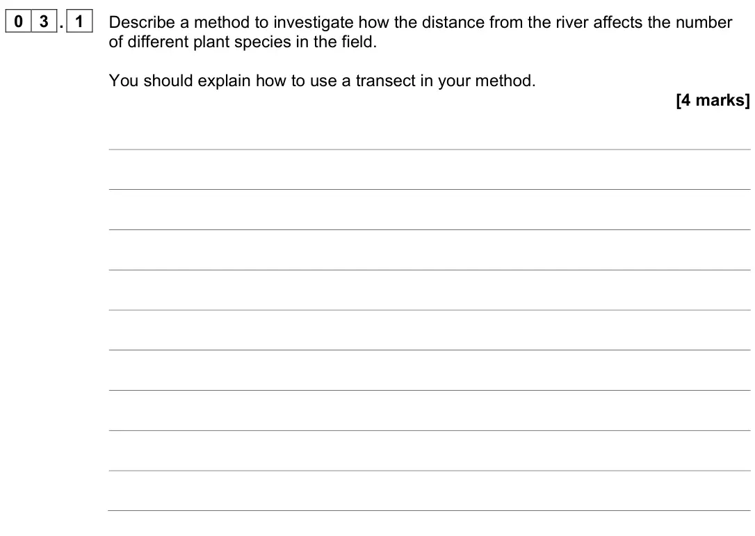 June 2023 Biology Paper 2 Higher, question 03.1: Describe a method to investigate how the distance from the river affects the number of different plant species in the field. You should explain how to use a tra