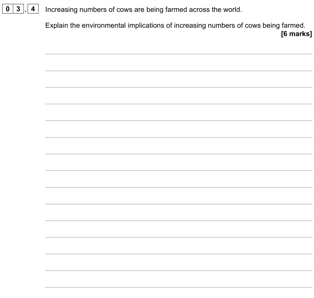 June 2023 Biology Paper 2 Higher, question 03.4: Increasing numbers of cows are being farmed across the world. Explain the environmental implications of increasing numbers of cows being farmed. [6 marks]