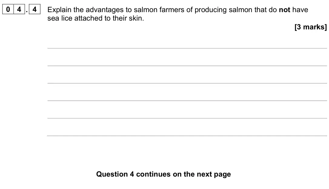 June 2023 Biology Paper 2 Higher, question 04.4: Explain the advantages to salmon farmers of producing salmon that do not have sea lice attached to their skin. [3 marks]