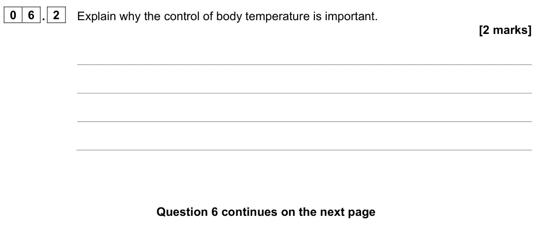 June 2023 Biology Paper 2 Higher, question 06.2: Explain why the control of body temperature is important. [2 marks]