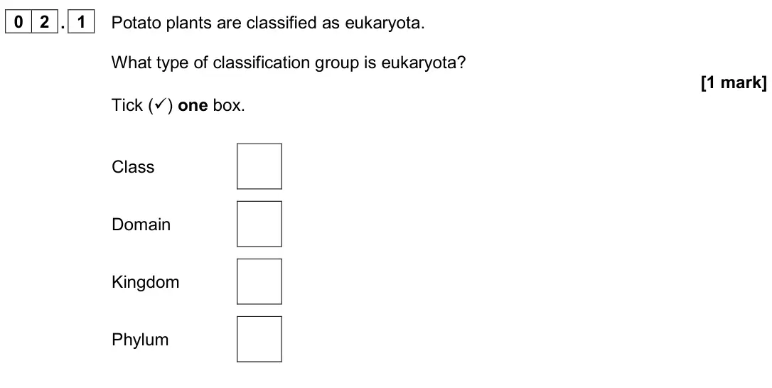 June 2024 Biology Paper 2 Higher, question 02.1: Potato plants are classified as eukaryota. What type of classification group is eukaryota? [1 mark] Tick () one box. Class Domain Kingdom Phylum