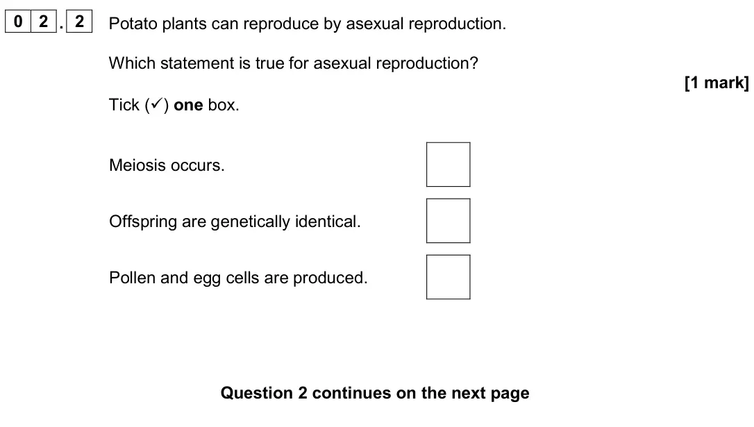 June 2024 Biology Paper 2 Higher, question 02.2: Potato plants can reproduce by asexual reproduction. Which statement is true for asexual reproduction? [1 mark] Tick () one box. Meiosis occurs. Offspring are 