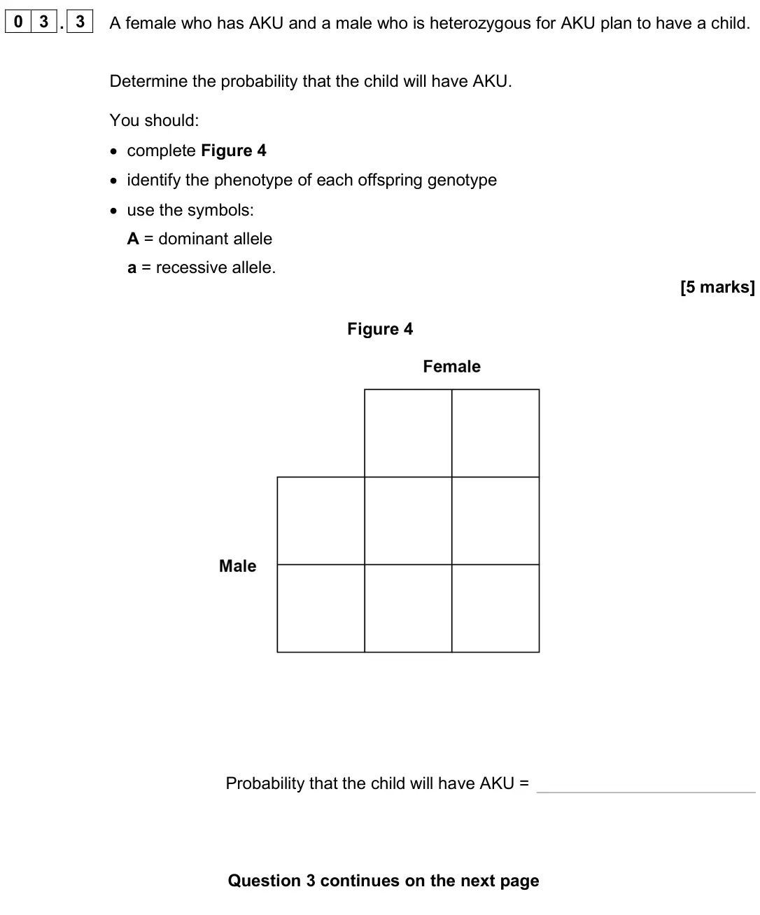 June 2024 Biology Paper 2 Higher, question 03.3: A female who has AKU and a male who is heterozygous for AKU plan to have a child. Determine the probability that the child will have AKU. You should: • complete