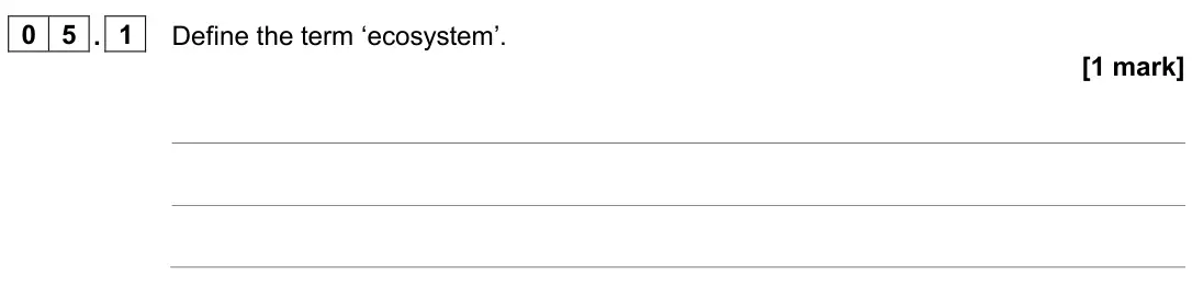 June 2024 Biology Paper 2 Higher, question 05.1: Define the term ‘ecosystem’. [1 mark]