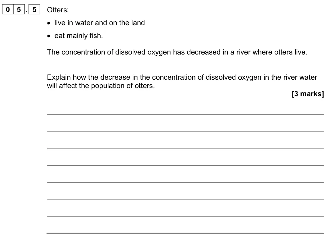 June 2024 Biology Paper 2 Higher, question 05.5: Otters: • live in water and on the land • eat mainly fish. The concentration of dissolved oxygen has decreased in a river where otters live. Explain how the dec