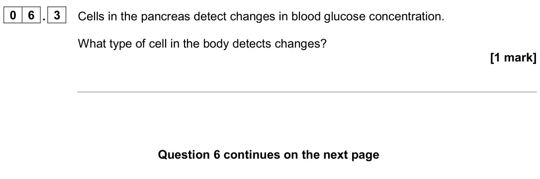 June 2024 Biology Paper 2 Higher, question 06.3: Cells in the pancreas detect changes in blood glucose concentration. What type of cell in the body detects changes? [1 mark]