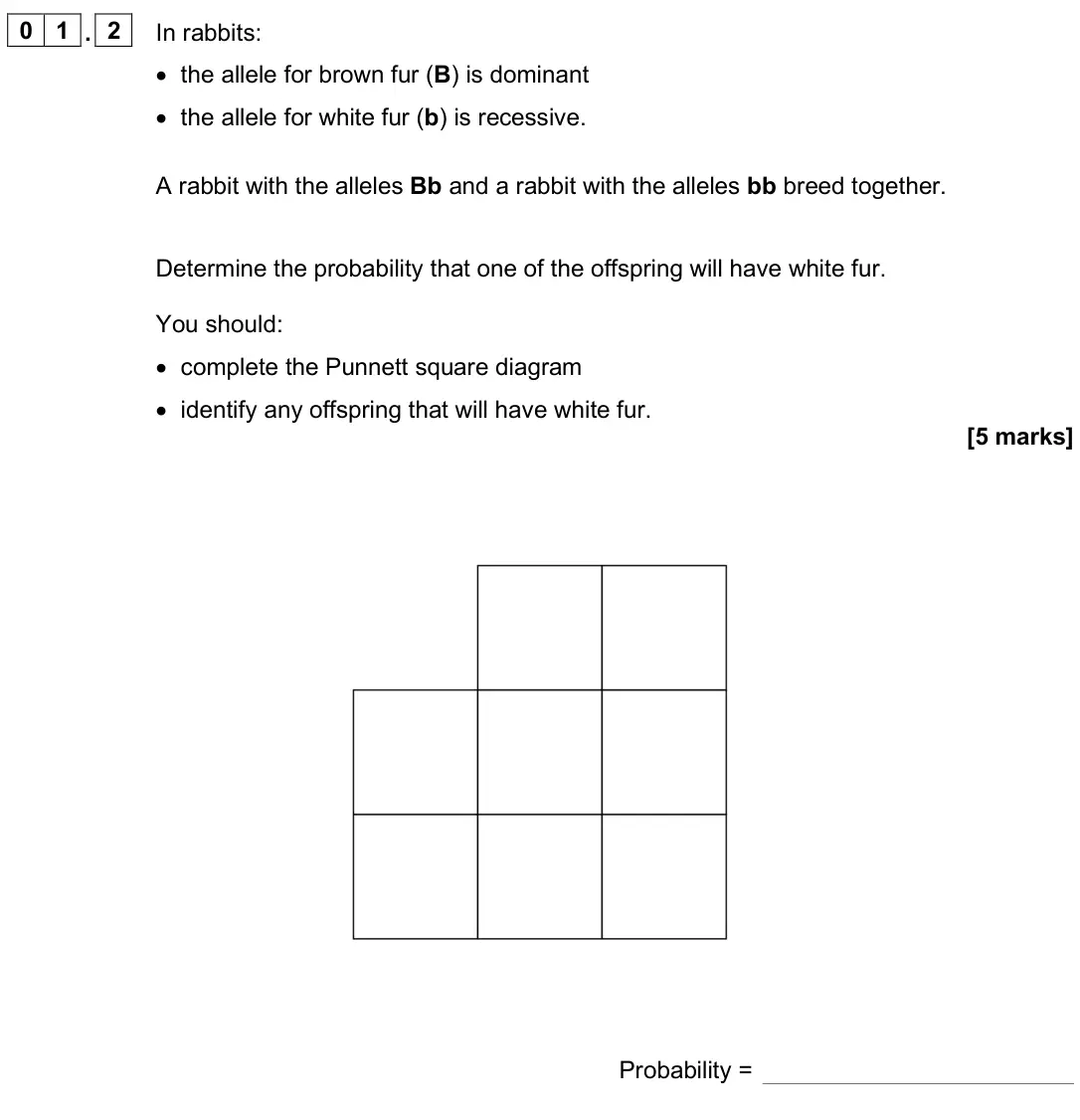 June 2025 Biology Paper 2 Higher, question 01.2: In rabbits: • the allele for brown fur (B) is dominant • the allele for white fur (b) is recessive. A rabbit with the alleles Bb and a rabbit with the alleles b