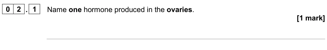 June 2025 Biology Paper 2 Higher, question 02.1: Name one hormone produced in the ovaries. [1 mark]