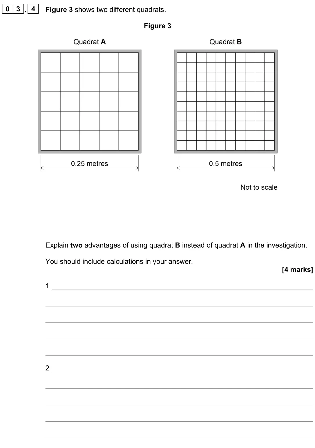 June 2025 Biology Paper 2 Higher, question 03.4: Figure 3 shows two different quadrats. Figure 3 Explain two advantages of using quadrat B instead of quadrat A in the investigation. You should include calculat