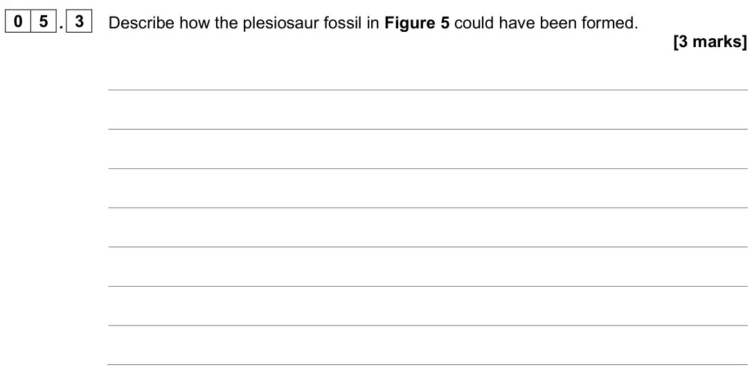 June 2025 Biology Paper 2 Higher, question 05.3: Describe how the plesiosaur fossil in Figure 5 could have been formed. [3 marks]