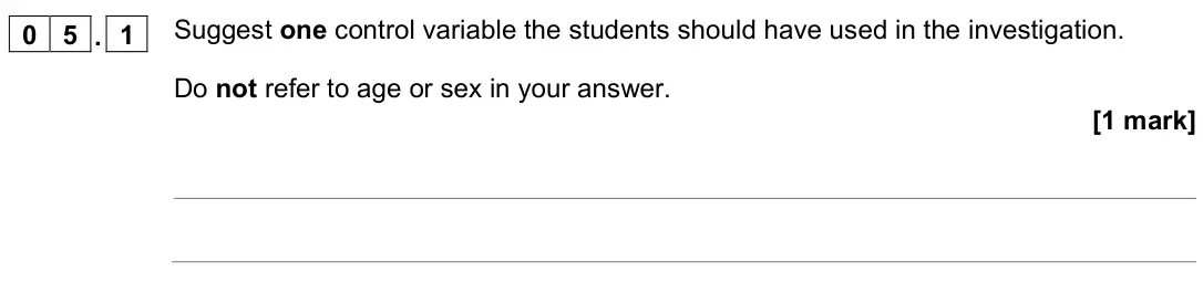 November 2021 Biology Paper 2 Higher, question 05.1: Suggest one control variable the students should have used in the investigation. Do not refer to age or sex in your answer. [1 mark]