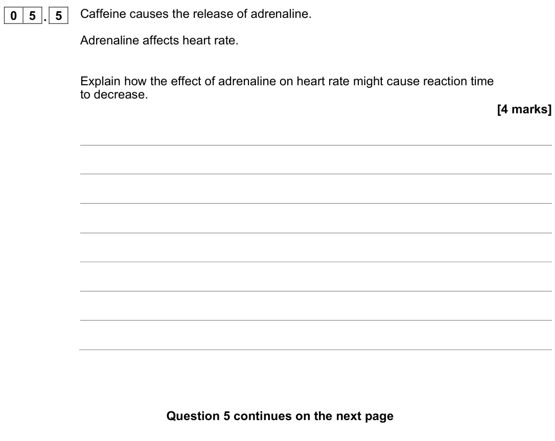 November 2021 Biology Paper 2 Higher, question 05.5: Caffeine causes the release of adrenaline. Adrenaline affects heart rate. Explain how the effect of adrenaline on heart rate might cause reaction time to decrea