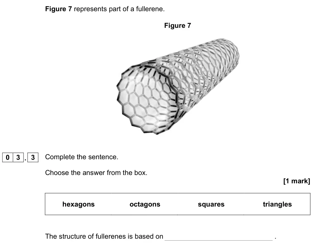 June 2022 Chemistry Paper 1 Foundation, question 03.3: Complete the sentence. Choose the answer from the box. [1 mark] hexagons octagons squares triangles The structure of fullerenes is based on .