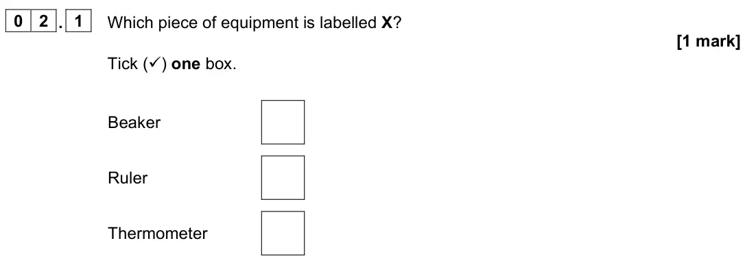 June 2023 Chemistry Paper 1 Foundation, question 02.1: Which piece of equipment is labelled X? [1 mark] Tick () one box. Beaker Ruler Thermometer