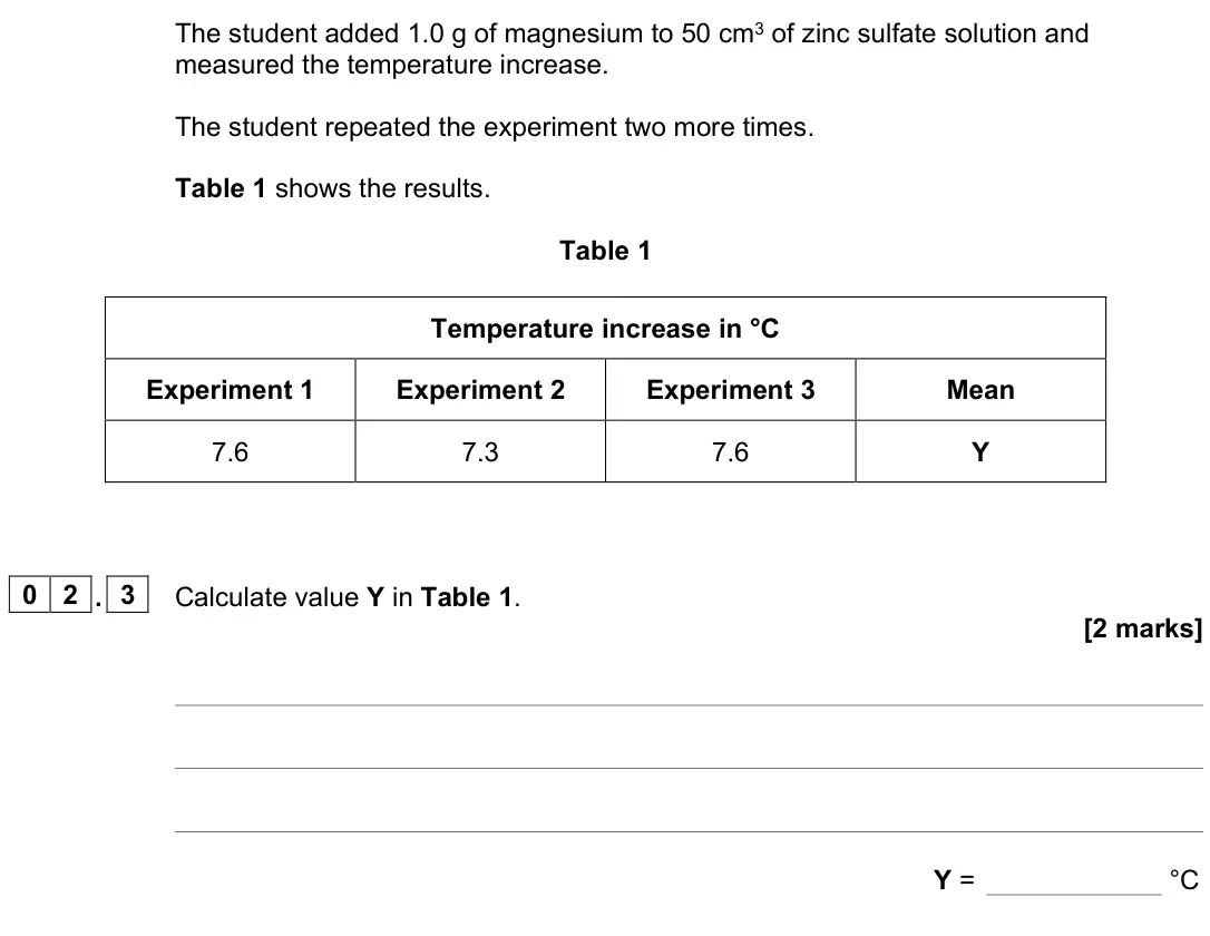 June 2023 Chemistry Paper 1 Foundation, question 02.3: Calculate value Y in Table 1. [2 marks] Y = °C