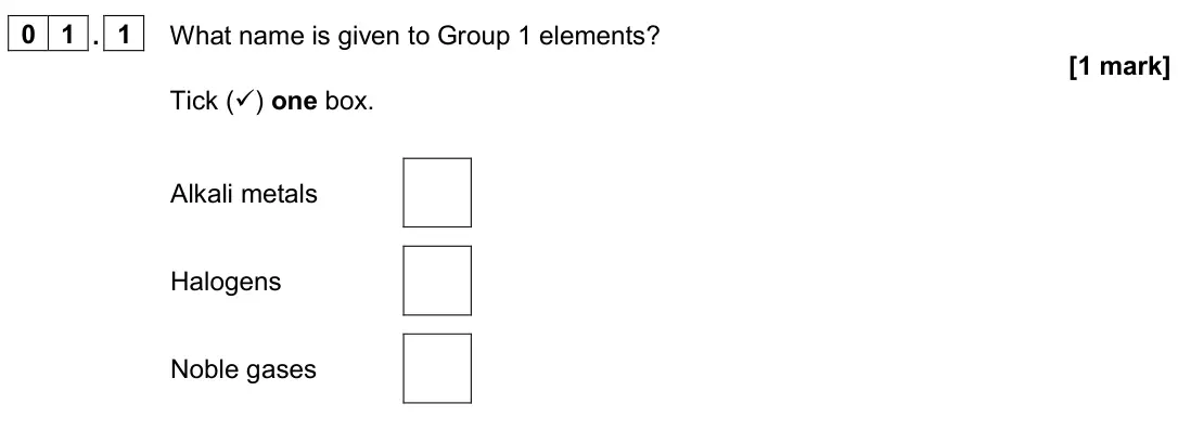 June 2024 Chemistry Paper 1 Foundation, question 01.1: What name is given to Group 1 elements? [1 mark] Tick () one box. Alkali metals Halogens Noble gases