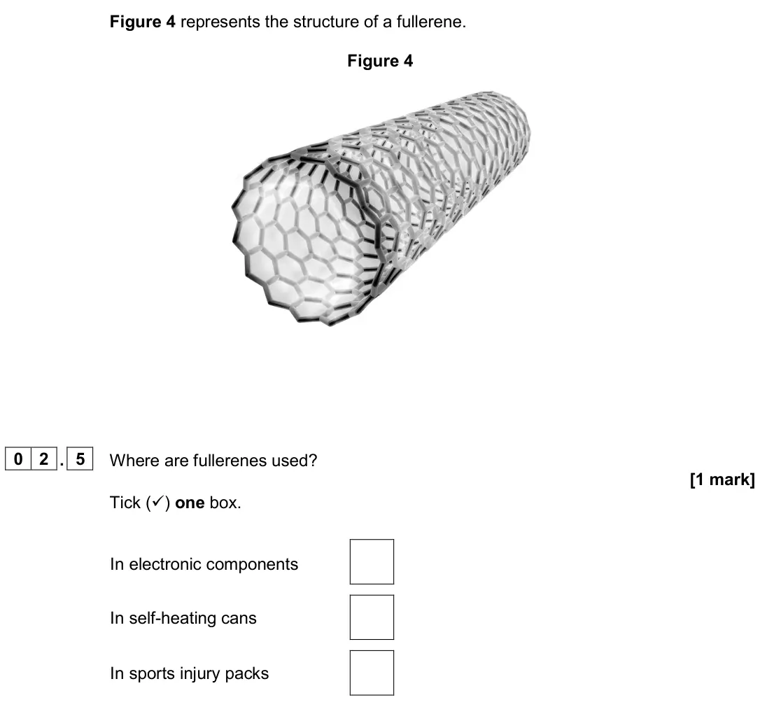 June 2024 Chemistry Paper 1 Foundation, question 02.5: Where are fullerenes used? [1 mark] Tick () one box. In electronic components In self-heating cans In sports injury packs