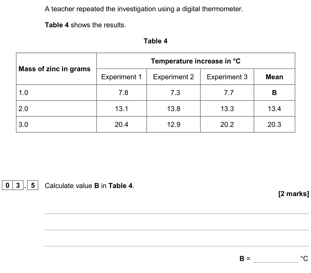 June 2024 Chemistry Paper 1 Foundation, question 03.5: Calculate value B in Table 4. [2 marks] B = °C