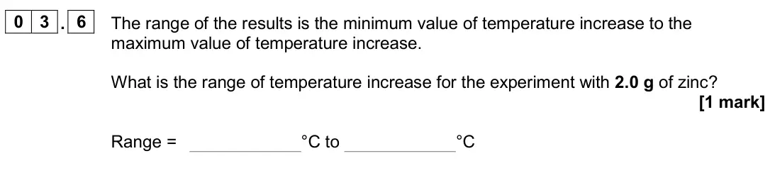 June 2024 Chemistry Paper 1 Foundation, question 03.6: The range of the results is the minimum value of temperature increase to the maximum value of temperature increase. What is the range of temperature increase fo