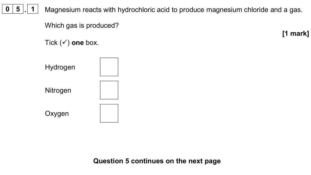 June 2024 Chemistry Paper 1 Foundation, question 05.1: Magnesium reacts with hydrochloric acid to produce magnesium chloride and a gas. Which gas is produced? [1 mark] Tick () one box. Hydrogen Nitrogen Oxygen