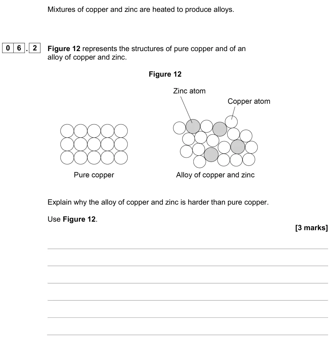 June 2024 Chemistry Paper 1 Foundation, question 06.2: Figure 12 represents the structures of pure copper and of an alloy of copper and zinc. Figure 12 Explain why the alloy of copper and zinc is harder than pure co