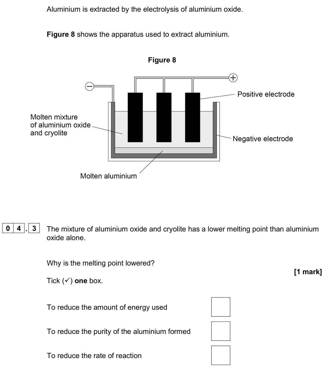 June 2025 Chemistry Paper 1 Foundation, question 04.3: The mixture of aluminium oxide and cryolite has a lower melting point than aluminium oxide alone. Why is the melting point lowered? [1 mark] Tick () one box. T