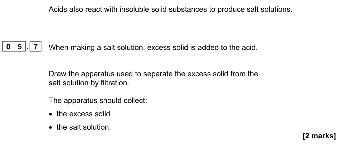 June 2025 Chemistry Paper 1 Foundation, question 05.7: When making a salt solution, excess solid is added to the acid. Draw the apparatus used to separate the excess solid from the salt solution by filtration. The a