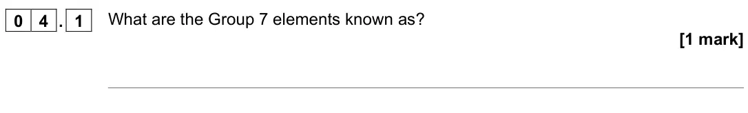 June 2022 Chemistry Paper 1 Higher, question 04.1: What are the Group 7 elements known as? [1 mark]