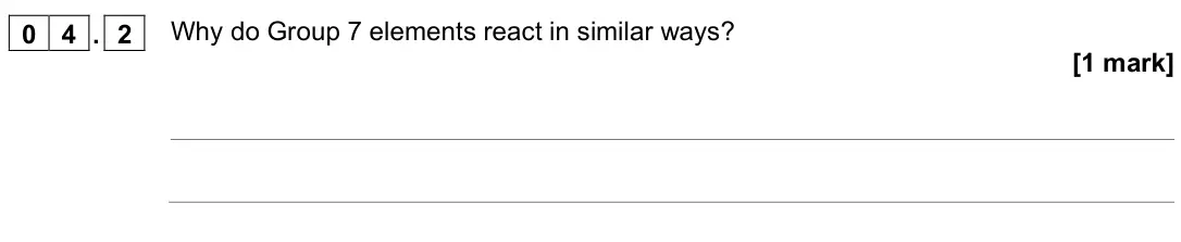 June 2022 Chemistry Paper 1 Higher, question 04.2: Why do Group 7 elements react in similar ways? [1 mark]