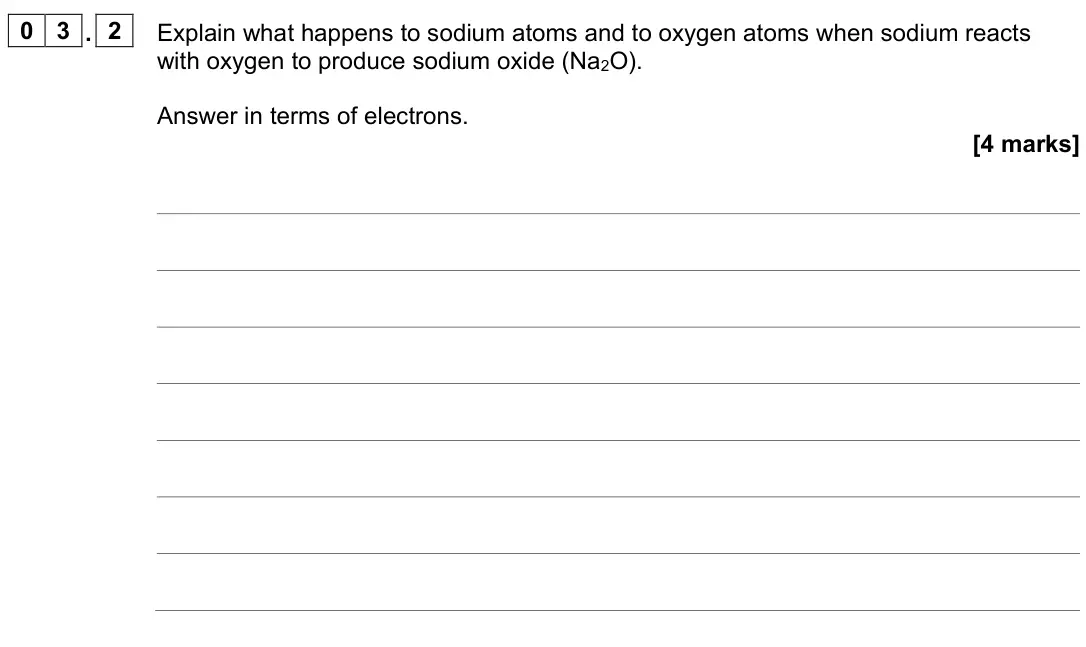 June 2023 Chemistry Paper 1 Higher, question 03.2: Explain what happens to sodium atoms and to oxygen atoms when sodium reacts with oxygen to produce sodium oxide (Na2O). Answer in terms of electrons. [4 marks]