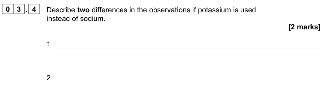 June 2023 Chemistry Paper 1 Higher, question 03.4: Describe two differences in the observations if potassium is used instead of sodium. [2 marks] 1 2