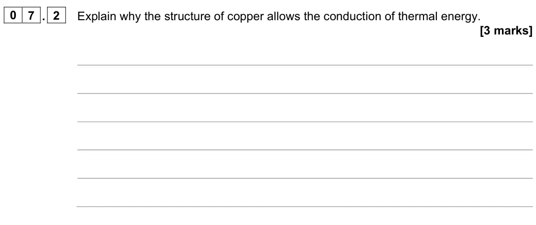 June 2023 Chemistry Paper 1 Higher, question 07.2: Explain why the structure of copper allows the conduction of thermal energy. [3 marks]