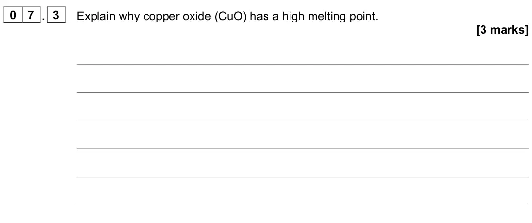 June 2023 Chemistry Paper 1 Higher, question 07.3: Explain why copper oxide (CuO) has a high melting point. [3 marks]