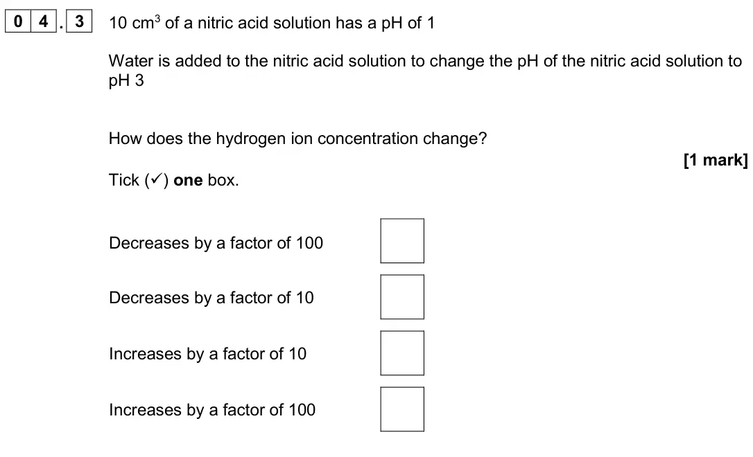 June 2024 Chemistry Paper 1 Higher, question 04.3: 10 cm3 of a nitric acid solution has a pH of 1 Water is added to the nitric acid solution to change the pH of the nitric acid solution to pH 3 How does the hydr