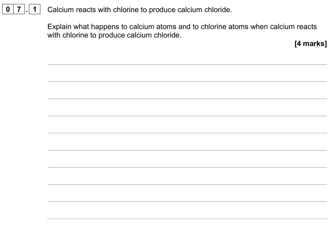 June 2024 Chemistry Paper 1 Higher, question 07.1: Calcium reacts with chlorine to produce calcium chloride. Explain what happens to calcium atoms and to chlorine atoms when calcium reacts with chlorine to produ