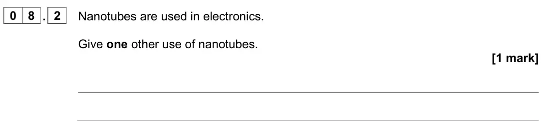 June 2024 Chemistry Paper 1 Higher, question 08.2: Nanotubes are used in electronics. Give one other use of nanotubes. [1 mark]
