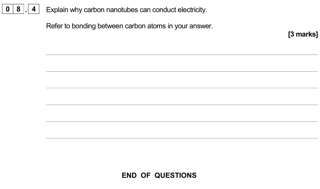June 2024 Chemistry Paper 1 Higher, question 08.4: Explain why carbon nanotubes can conduct electricity. Refer to bonding between carbon atoms in your answer. [3 marks]