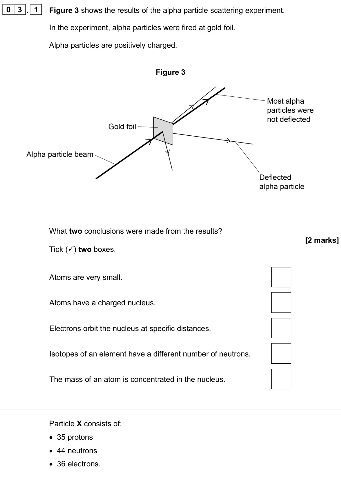 June 2025 Chemistry Paper 1 Higher, question 03.1: Figure 3 shows the results of the alpha particle scattering experiment. In the experiment, alpha particles were fired at gold foil. Alpha particles are positive