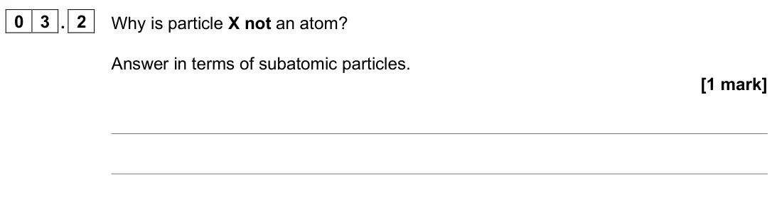 June 2025 Chemistry Paper 1 Higher, question 03.2: Why is particle X not an atom? Answer in terms of subatomic particles. [1 mark]