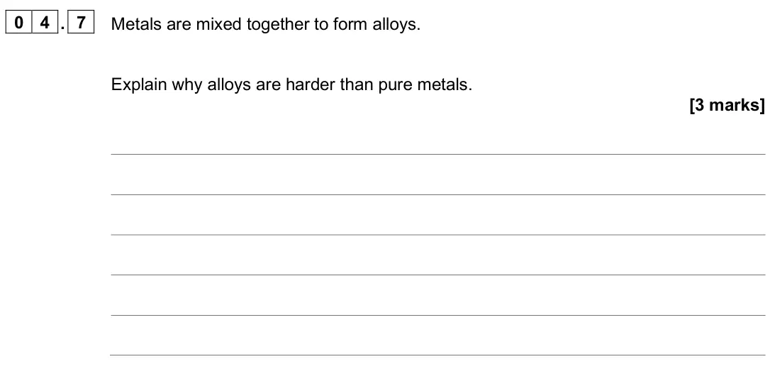 June 2025 Chemistry Paper 1 Higher, question 04.7: Metals are mixed together to form alloys. Explain why alloys are harder than pure metals. [3 marks]
