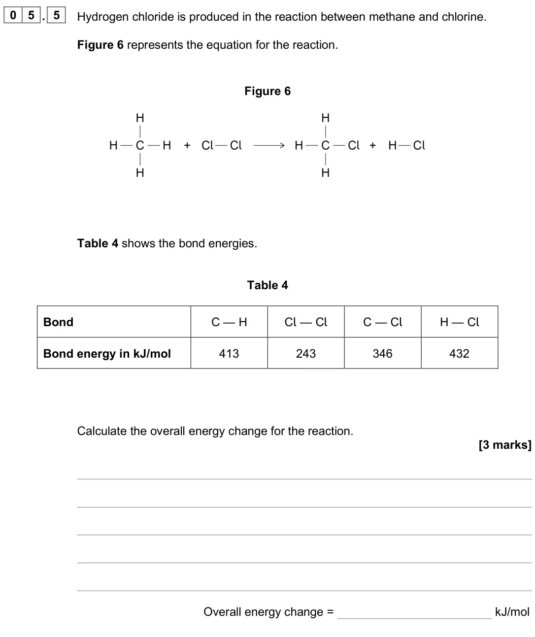 June 2025 Chemistry Paper 1 Higher, question 05.5: Hydrogen chloride is produced in the reaction between methane and chlorine. Figure 6 represents the equation for the reaction. Figure 6 Table 4 shows the bond e