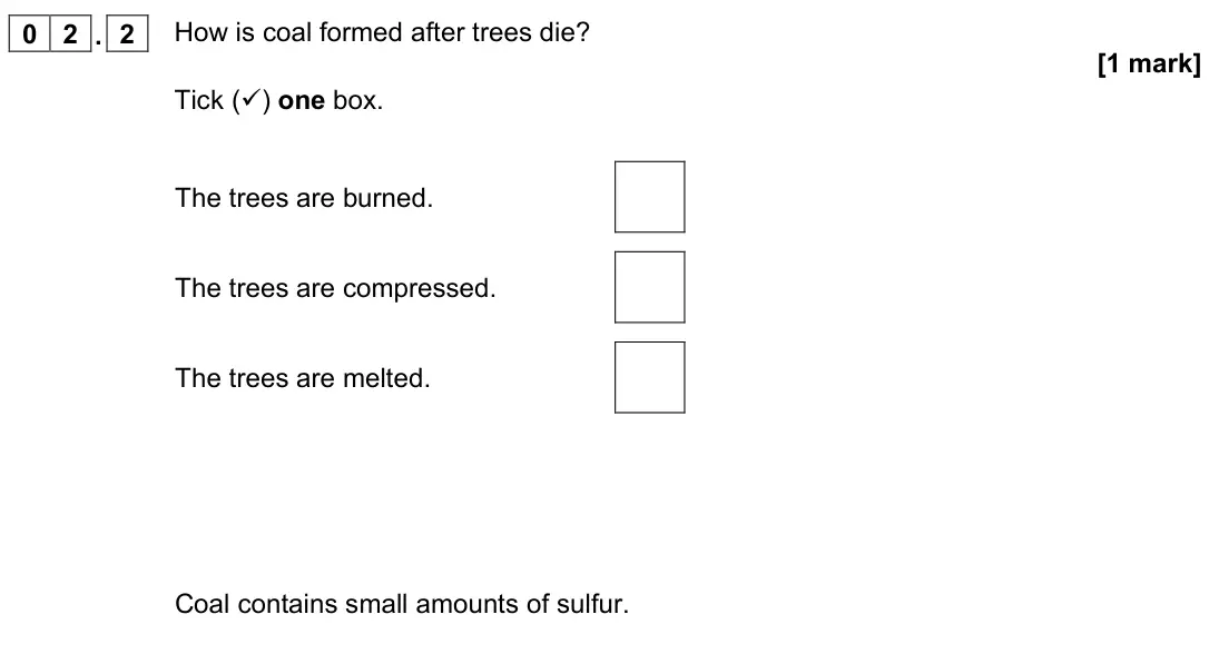 June 2022 Chemistry Paper 2 Foundation, question 02.2: How is coal formed after trees die? [1 mark] Tick () one box. The trees are burned. The trees are compressed. The trees are melted. Coal contains small amounts