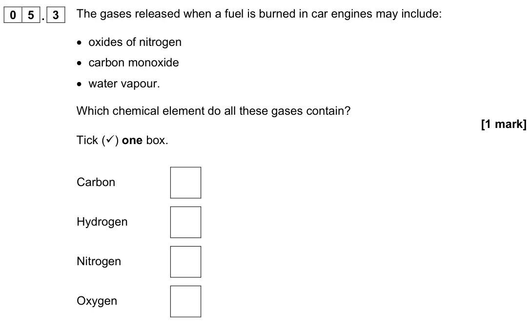 June 2023 Chemistry Paper 2 Foundation, question 05.3: The gases released when a fuel is burned in car engines may include: • oxides of nitrogen • carbon monoxide • water vapour. Which chemical element do all these