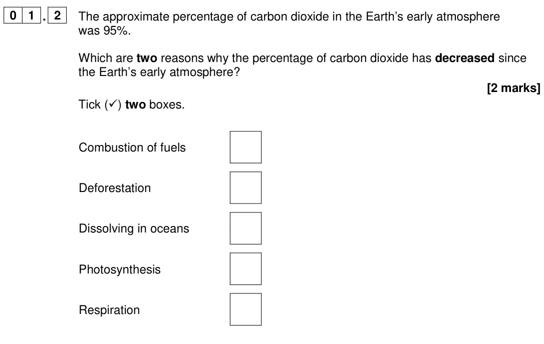June 2024 Chemistry Paper 2 Foundation, question 01.2: The approximate percentage of carbon dioxide in the Earth’s early atmosphere was 95%. Which are two reasons why the percentage of carbon dioxide has decreased s