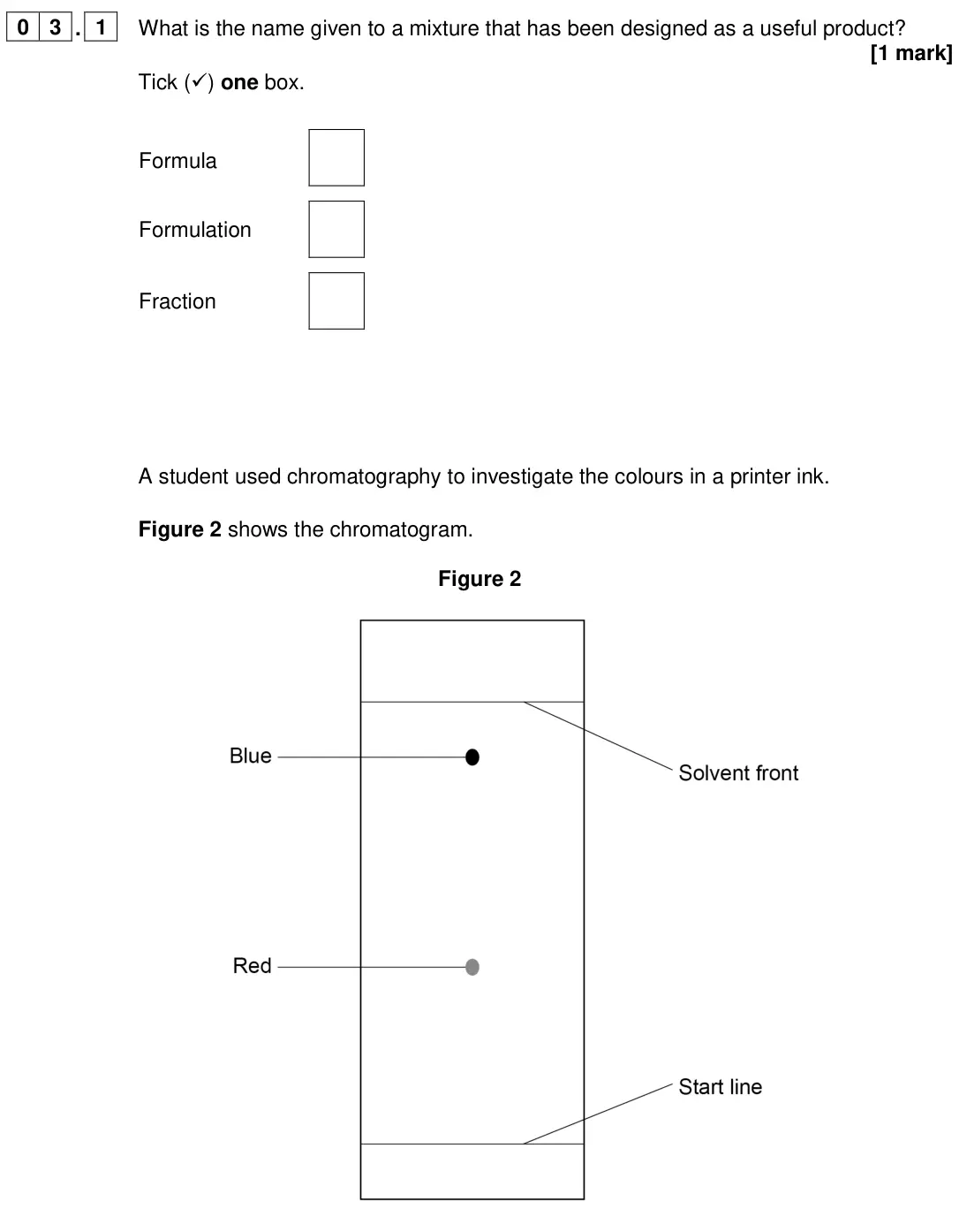 June 2024 Chemistry Paper 2 Foundation, question 03.1: What is the name given to a mixture that has been designed as a useful product? [1 mark] Tick () one box. Formula Formulation Fraction A student used chromatog